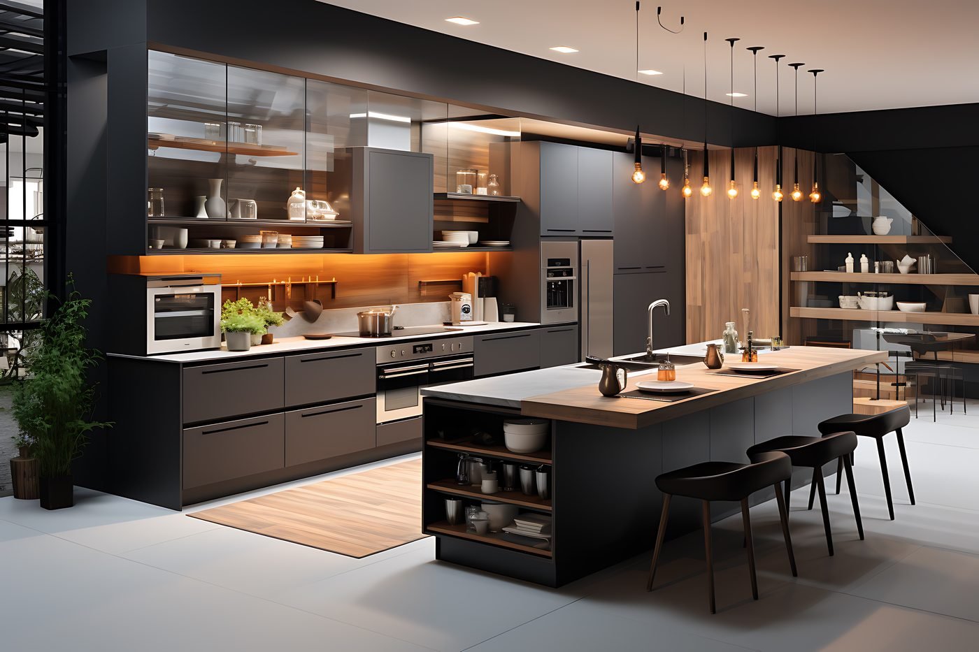Modern modular kitchen with island, dark cabinetry and pendant lighting by Parth Kitchen Industries